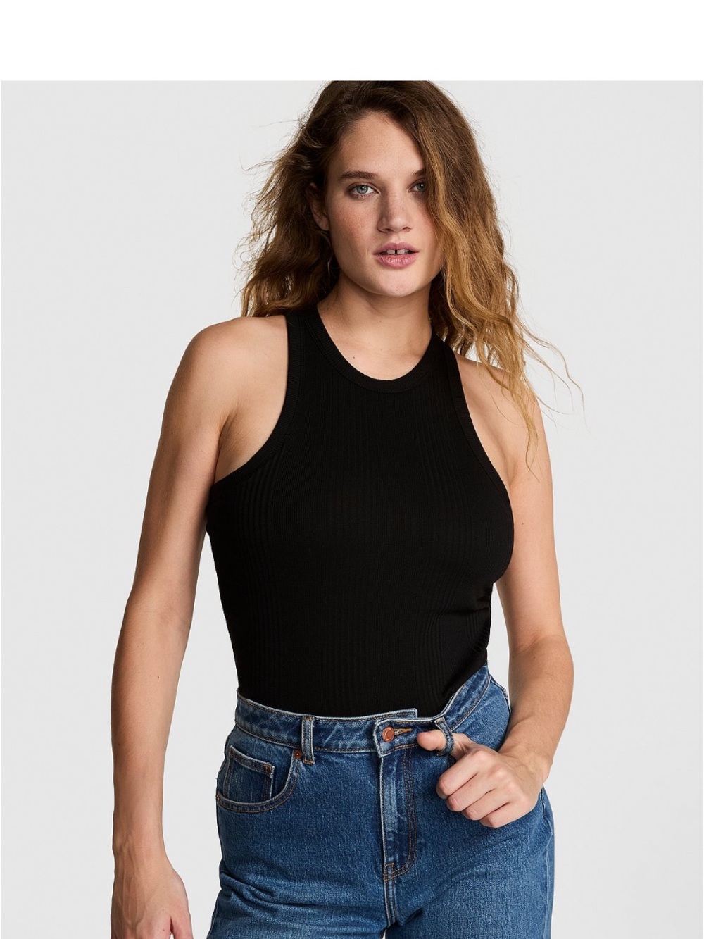 Black Ribbed High-Neck Tank shelf bra